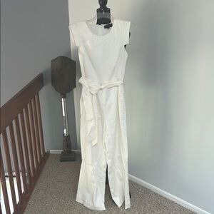 J.Crew 365 stretch white linen Resume Jumpsuit sleeveless wide leg belted